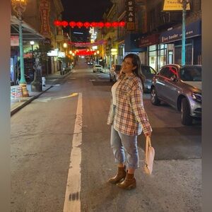 Oversized Plaid Button-Up Shacket in Blue and Brown